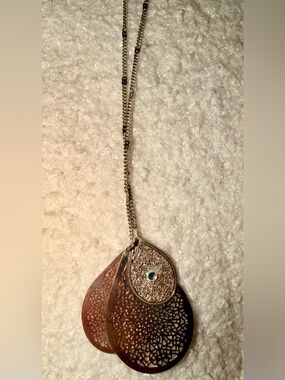 Gold Teardrop Filigree Pendant Necklace with Crystal Accent